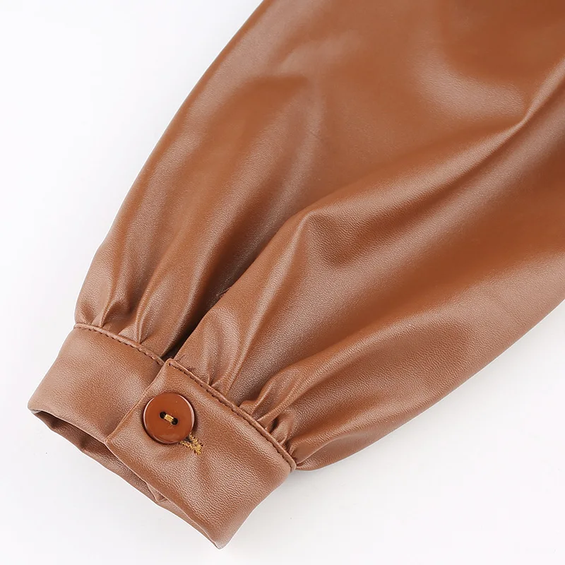 

Women's Autumn Vintage Crop Top Women Turn-down Collar Pu Leather Blouse Shirt Female Single Breasted Puff Long Sleeve Shirts