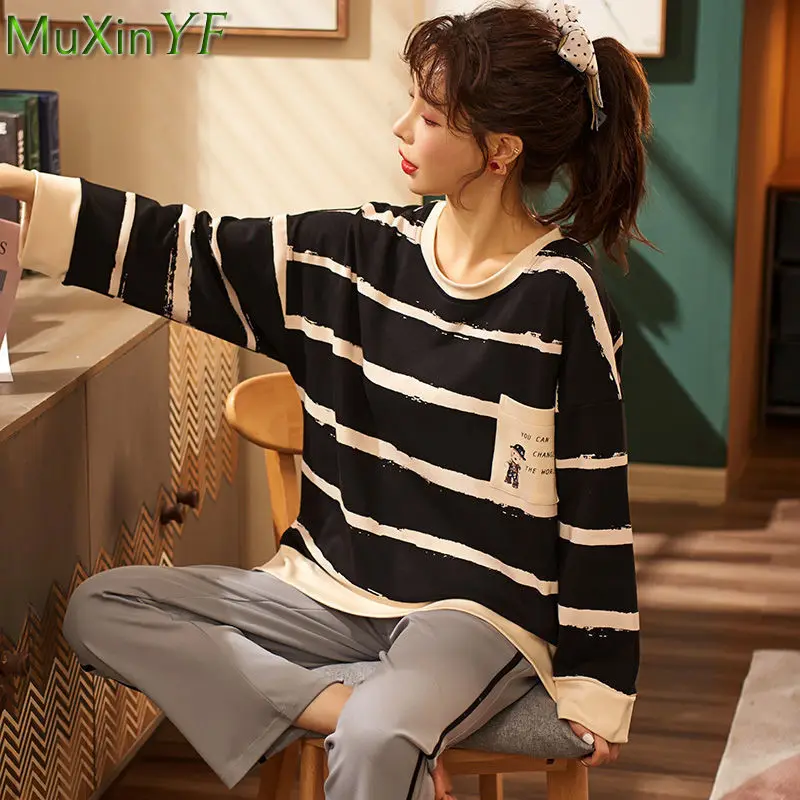 2022 New O-Neck Cotton Long-sleeved Trousers Pajamas Two-piece Spring Autumn Cute Cartoon Pijamas Sleepwear Home Clothes