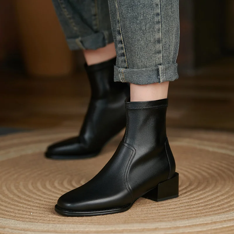 

Top Quality Cow Leather Motorcycle Boots for Women Med Heels Thick Botton Round Toe Shoes Woman Chunky Heels Ankle Boots