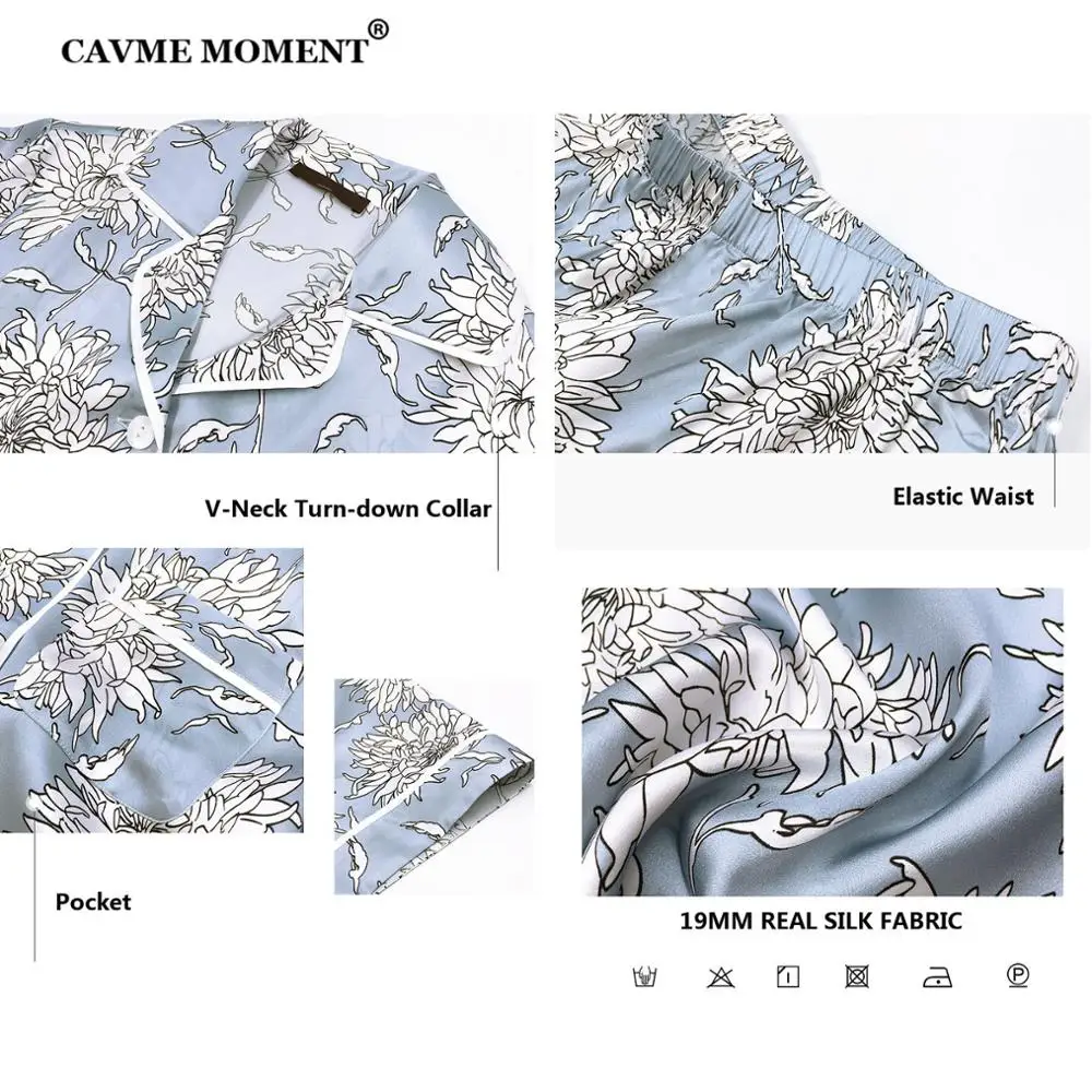 CAVME 100% Silk Pajama Sets for Women 2 Pieces Short Sleeve Sleepwear Plus Size Ladies Homewear Printing Nightwear