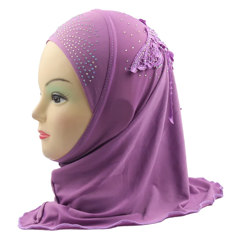 Light Purple Girls Hijab Kids Muslim Beautiful Embroidery Hijab Islamic Fashion Scarf Shawls Flower Pattern about 45cm - Цвет: Light Purple