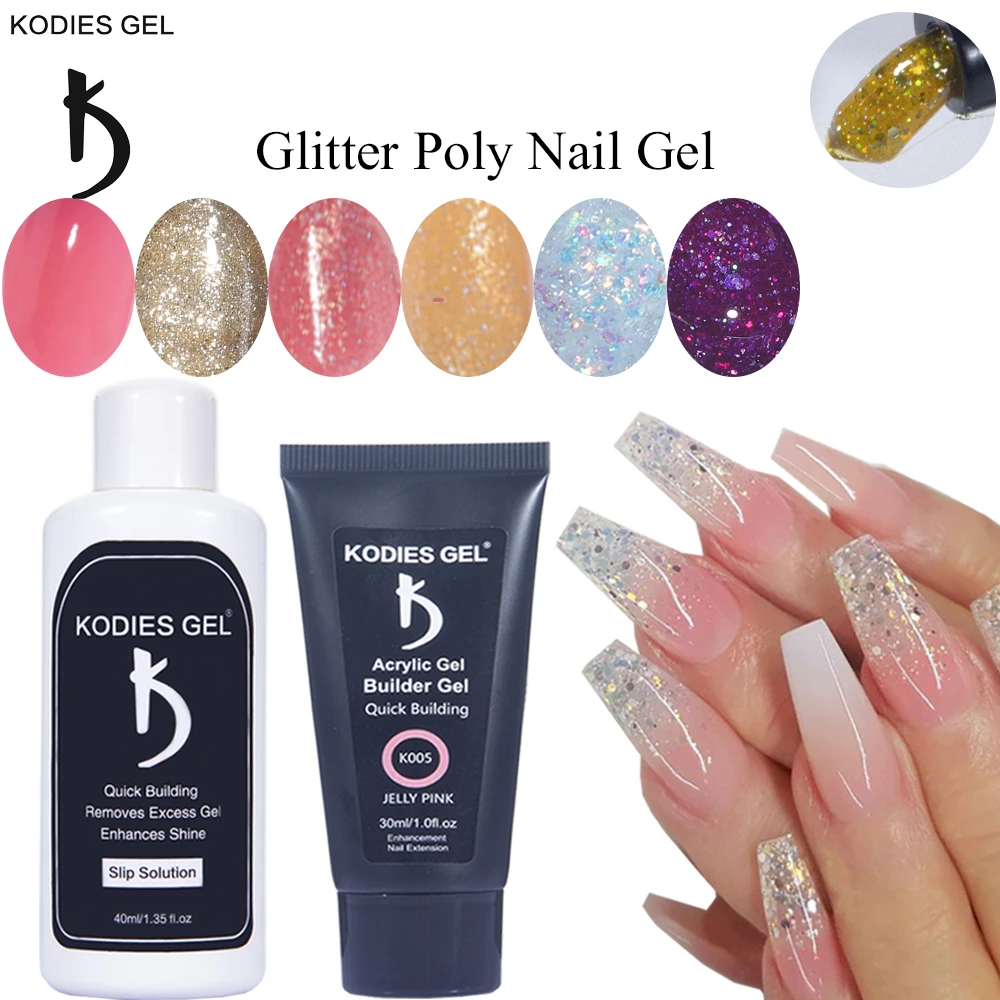 

KODIES гель 2 шт./компл. поли набор гелей для ногтей с 40 мл раствором скольжения Прозрачный блестящий цветной гель для наращивания