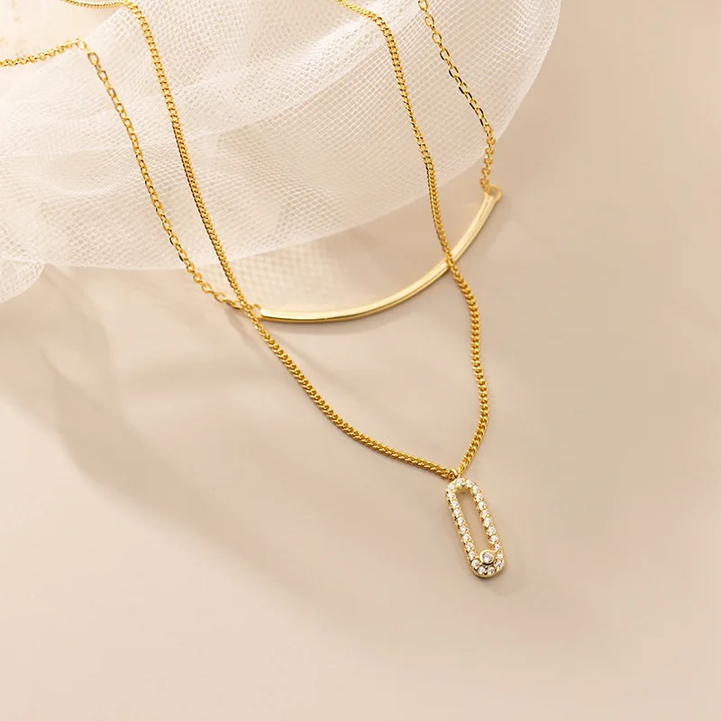 

WOOZU Real 925 Sterling Silver Double Layer Chain Tube Smile Zircon Choker Necklaces For Women Wedding Girlfriend Jewelry Gift