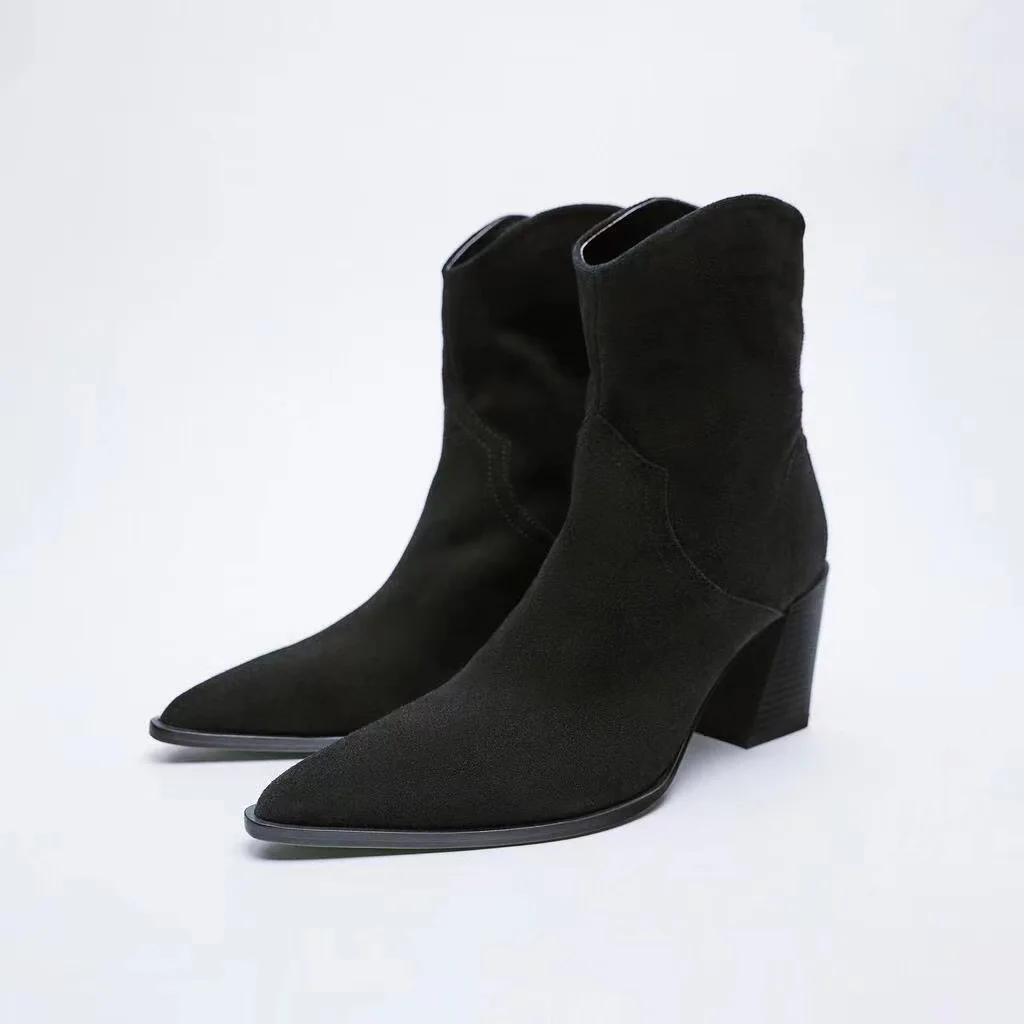 

Women's Boots Autumn Female Shoes Zipper Luxury Designer Leather Ankle Rubber Ladies Fashion Pointy High Heel Fabric Microfiber