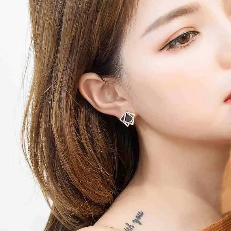 

YAOLOGE 2021 Trendy 316L Stainless Steel Black Square Stud Earrings For Women New Party Gift Fashion Jewelry Brincos Wholesale