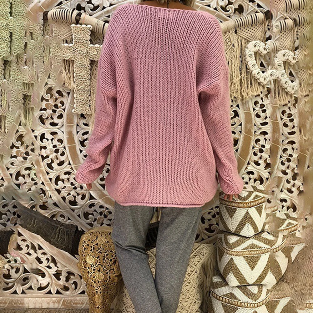 Свободный женский Однотонный свитер с v-образным вырезом и длинным рукавом