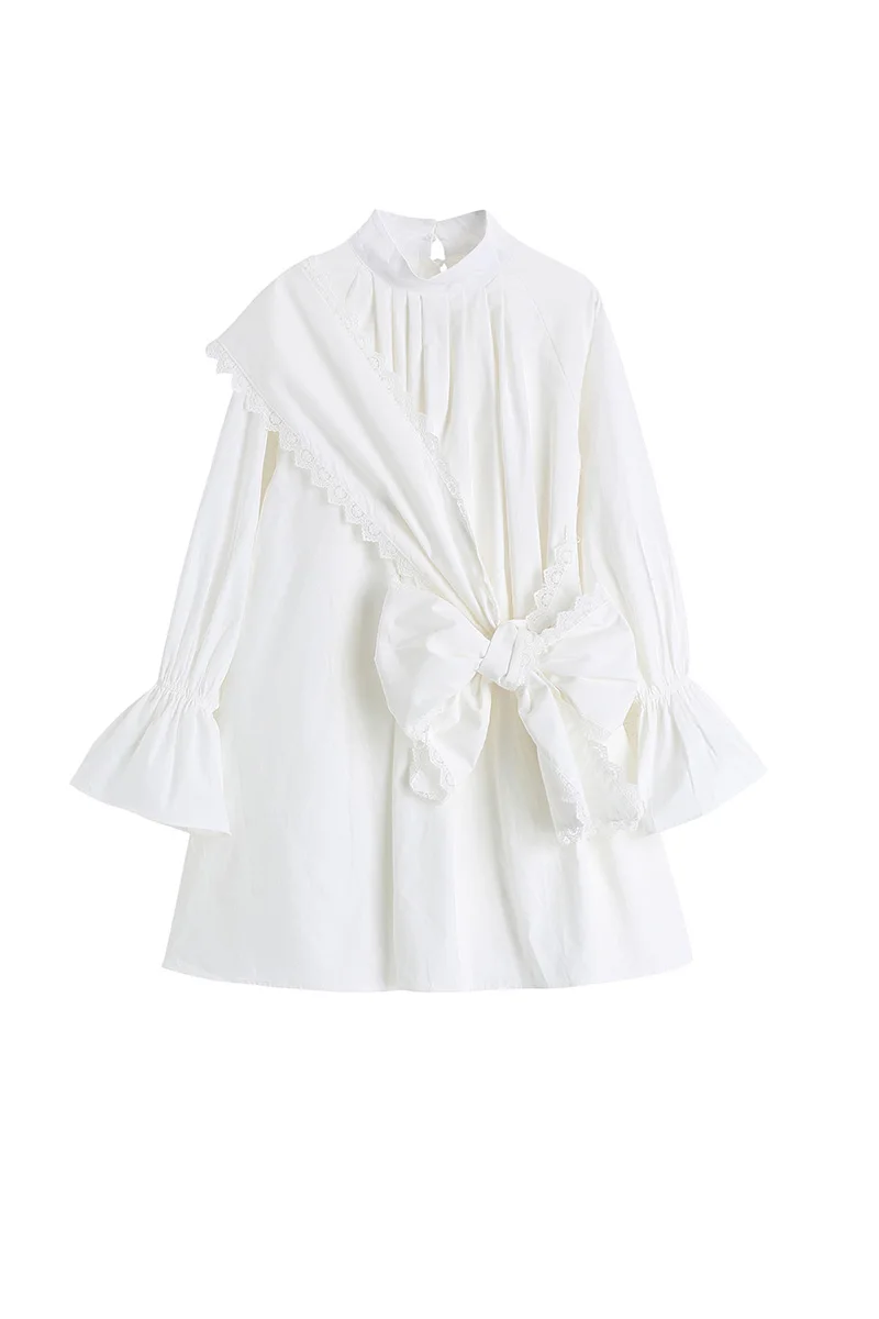 

Sweet College Style Autumn and Winter New Solid Bandage Bow Two-piece A Line Stand Flare Sleeve Fashion Jacket Dress for Women