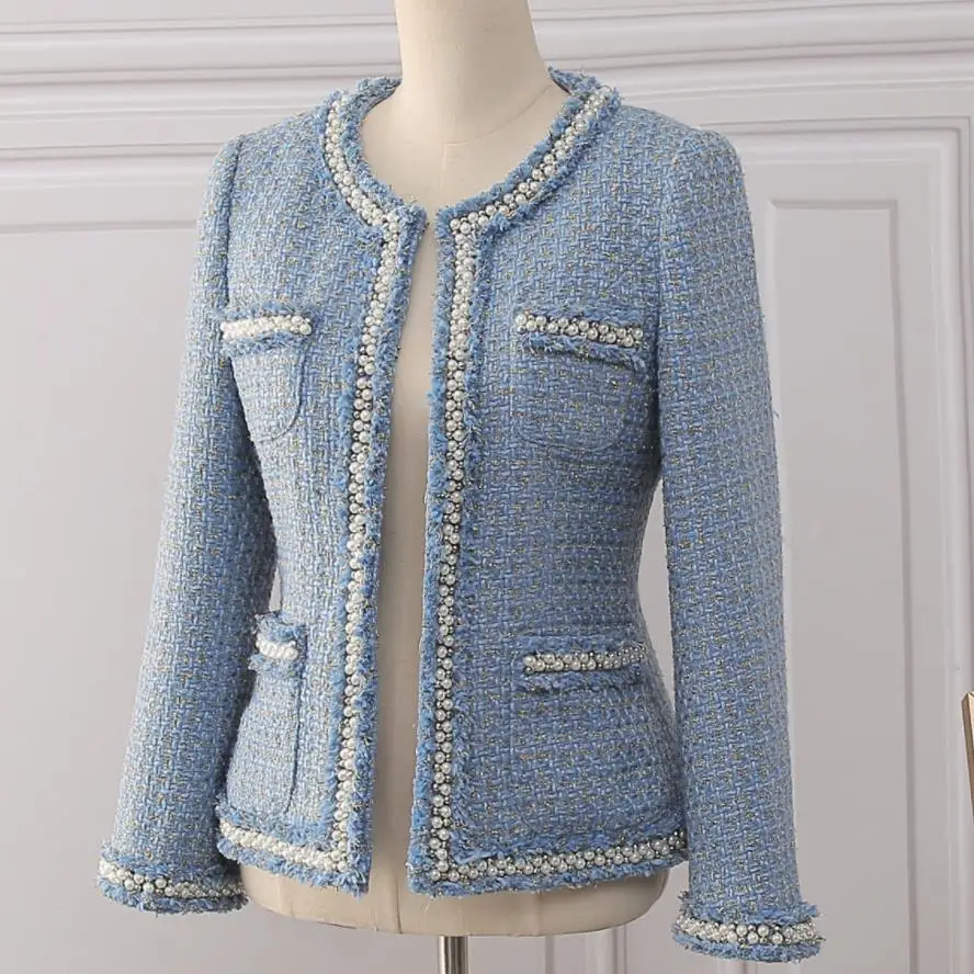 

Tweed Jacket Coat 2020 Autumn Women's Beading Long Sleeve Woolen BLAZER Tassels Pearl Pocket SMALL SUIT