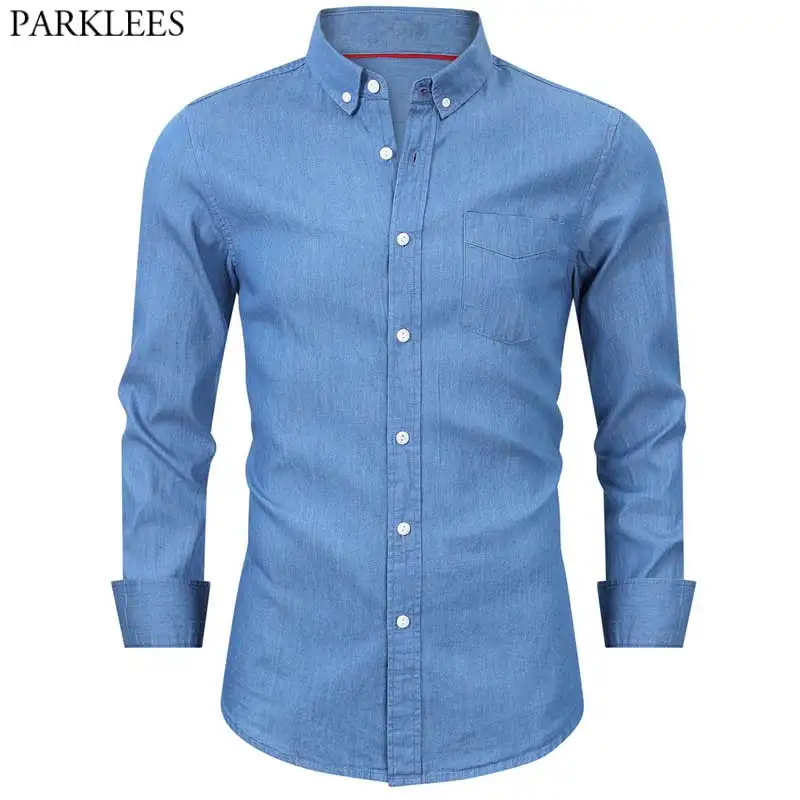 

Men's Blue Denim Jeans Shirts 2021 Brand New Long Sleeve Slim Fit Cotton Jeans Men Chemise 100% Washed Cotton Cowboy Clothing