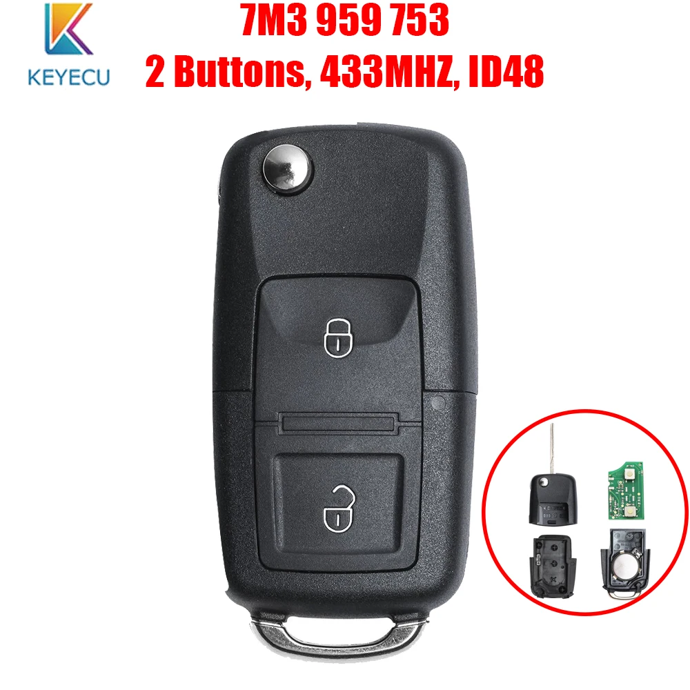 

Keyecu 7M3 959 753 2 Button Folding Flip Remote Key ID48 Chip For Volkswagen VW Sharan Model 2004-2008 HU66 Blade 7M3959753