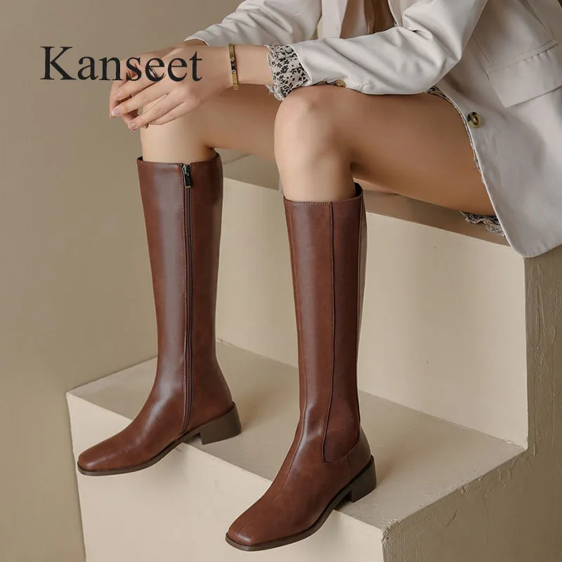 

Женские длинные сапоги Kanseet, новинка сезона осень-зима 2021, сапоги до колена, с квадратным носком, из коровьей кожи, ручная работа, на массивно...