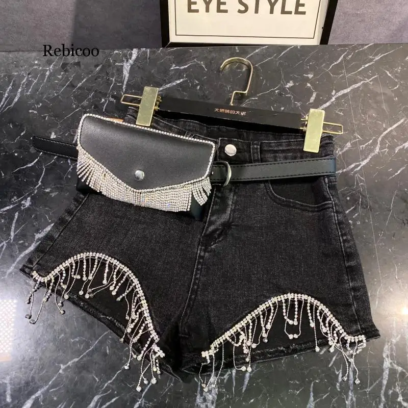 

Spring Summer Curved Rhinestone Tassel Shiny Black Denim Three Shorts Hot Pants Women