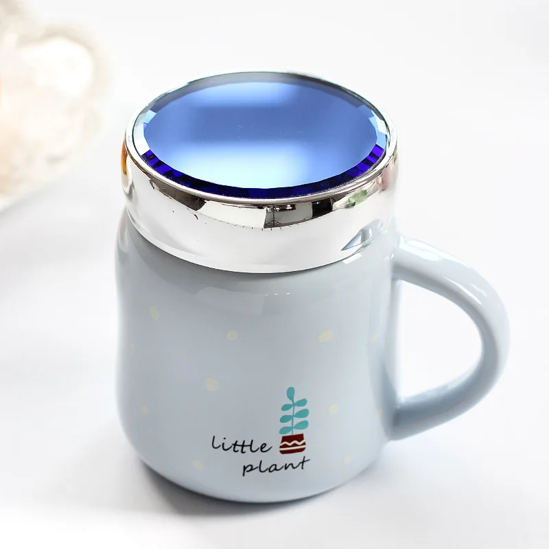 blue Кружка кофейная чашка молоко мультфильм творческие керамические чашки Милая бутылка для воды зеркало сок чай посуда для напитков винтовая крышка - Цвет: blue