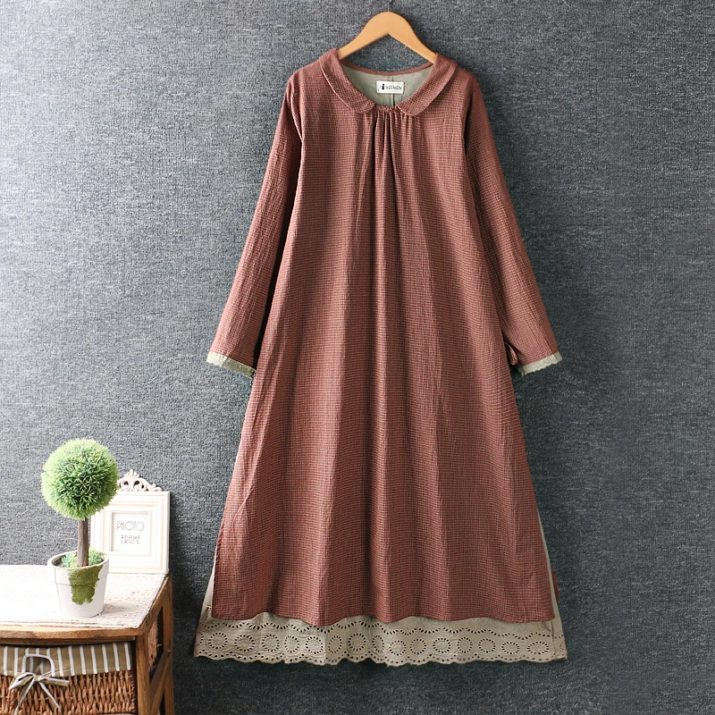 

Женское льняное платье с круглым вырезом, свободное платье из хлопка с длинным рукавом и двойной вышивкой на подоле, осень