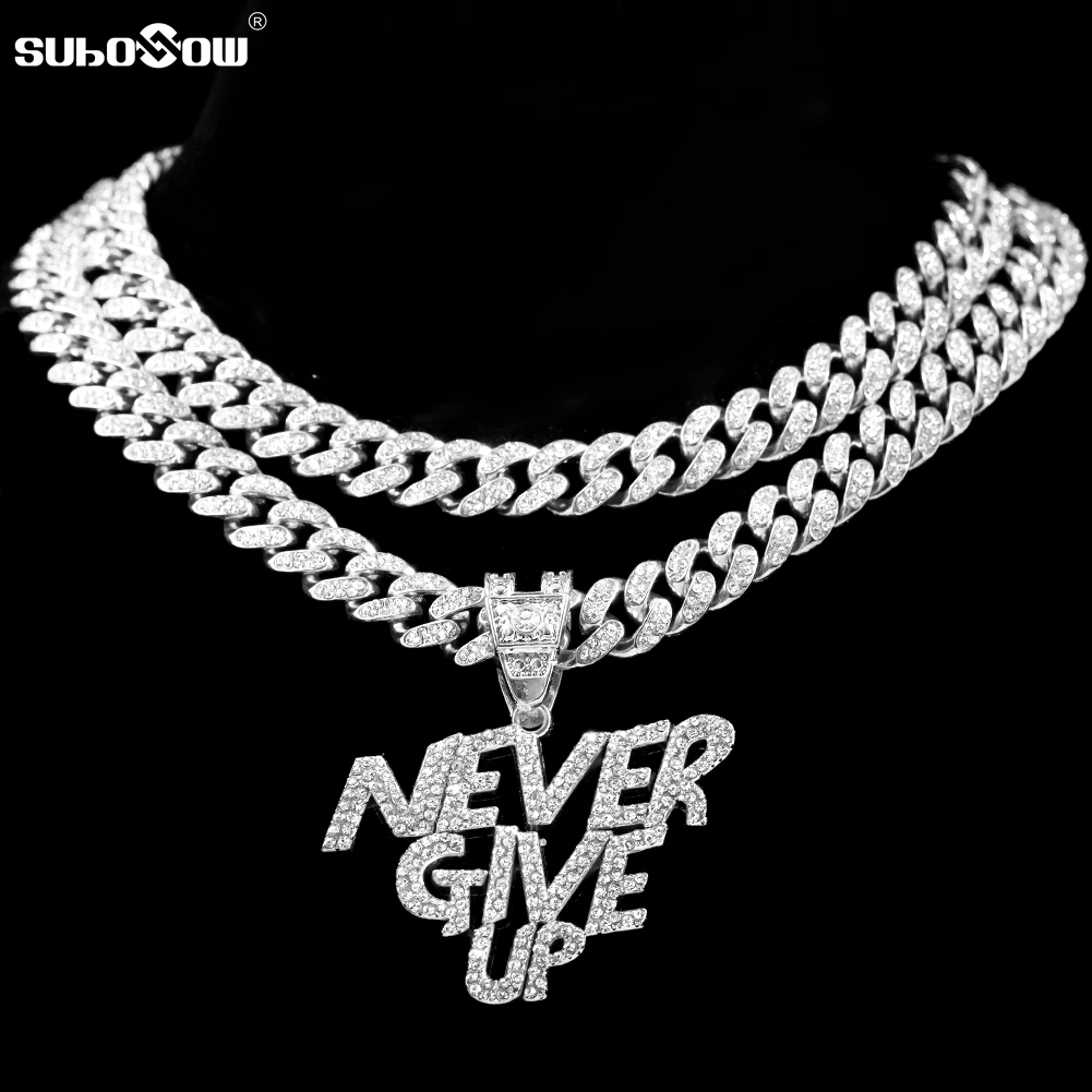 

Hip Hop Men Women NEVER GIVE UP Letter Pendant Necklace Iced Out Bling Crystal 13mm Cuban Link Chain Necklaces Rock Jewelry Gift