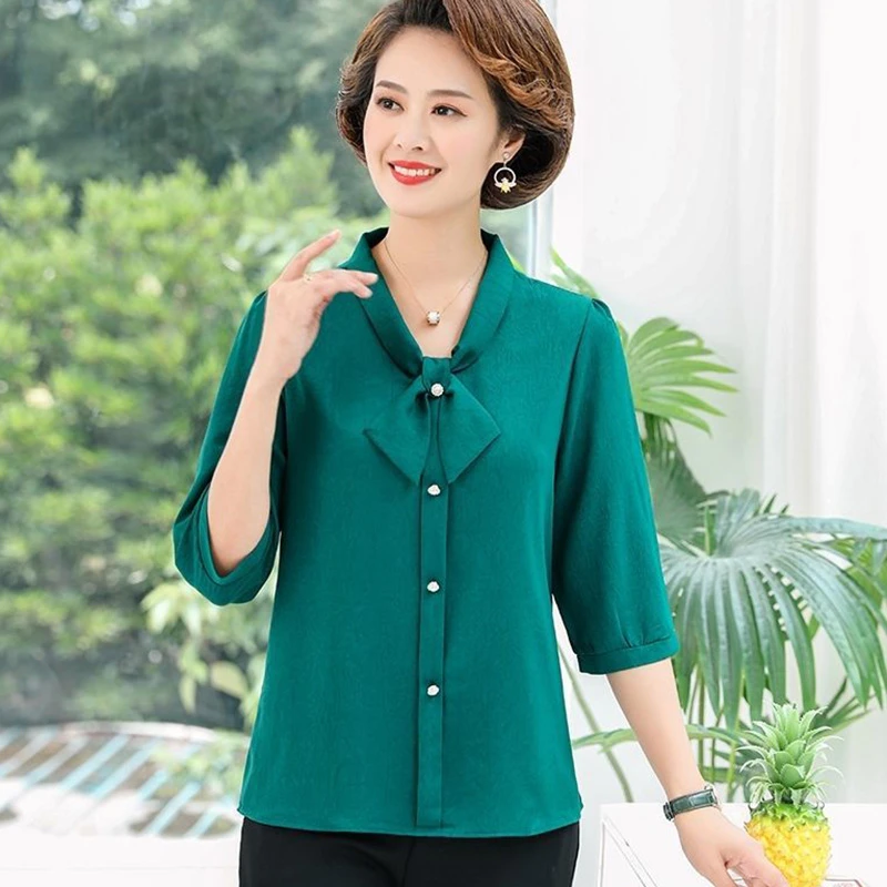 

Casual Loose Plus Size 5XL Chiffon Shirt Women Elegant Three Quarter Sleeve Mom's Blouse Korean Style Tops Pullover With Buttons