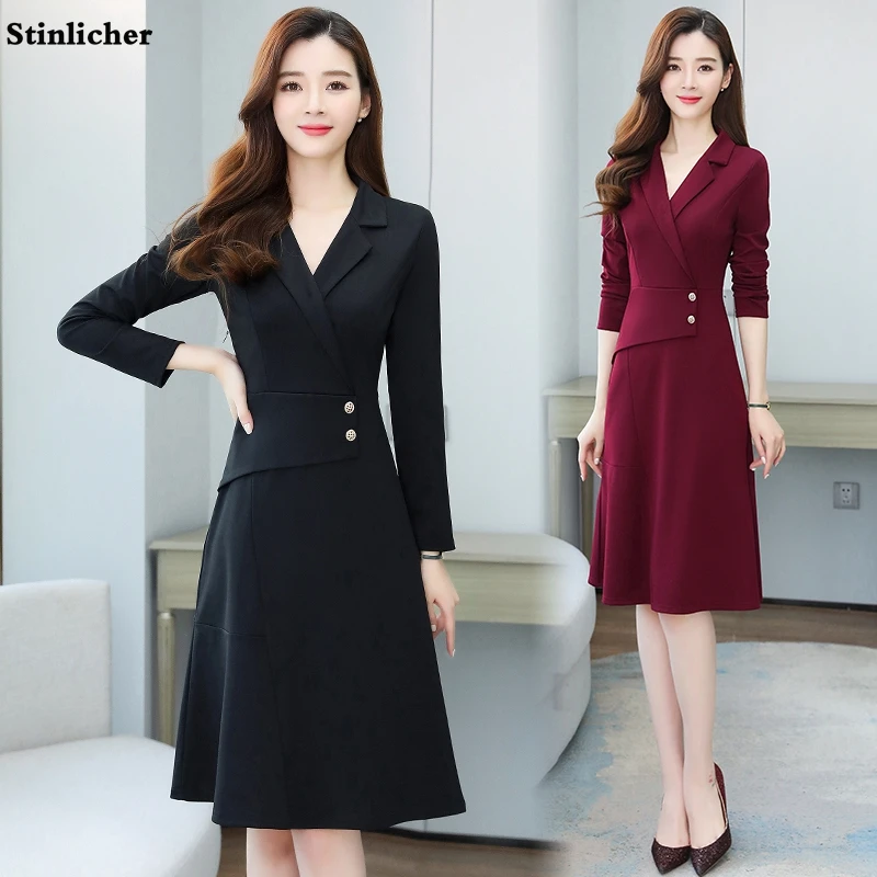 Elegant OL Office Ladies Work Suit Dress Women Spring and Autumn Fashion Long Sleeve Button Midi Dress Female Robe Vestidos