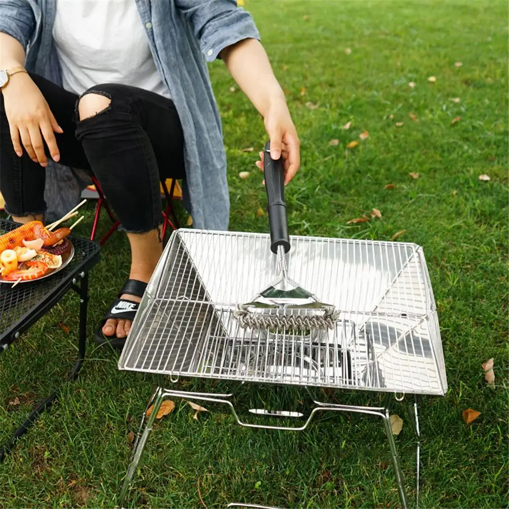 

Stainless Steel New Outdoor Barbecue Brush 16.5-Inch Three-Head Spring Wire Brush With Shovel Multifunctional Barbecue Tool