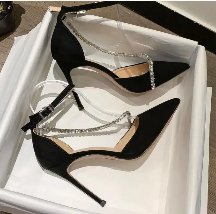 

New Female High-heeled Shoes Black Stiletto Hollow Pointed-toe Single Shoes Sexy Baotou One Word Buckle Rhinestone Sandals