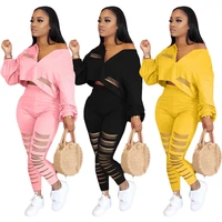 adogirl fashion solid women set hole hollow out tracksuits long sleeve zipper top jogger pants draped two pieces set outfits
