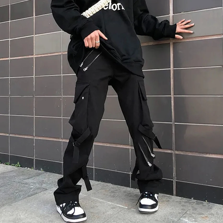 Брюки-карго мужские на молнии модные штаны с ленточными пуговицами уличная