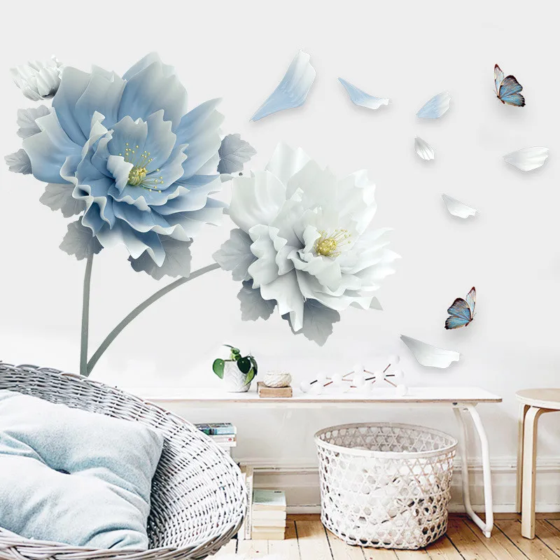

Large White Blue Flower Lotus Butterfly Removable Wall Stickers 3D Wall Art Decals Home Decor Mural Art for Living Room Bedroom