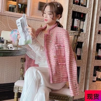 runway celebrity single breasted golden button big pocket pink woven tweed jackets 2021 fall winter womens outerwear coats
