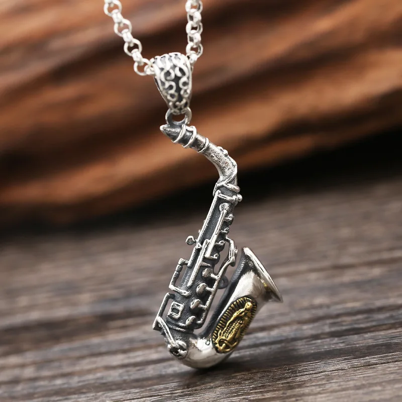 Wholesale S925 Sterling Silver Jewelry Retro Thai Silver Necklace Pendant Rollins Sax Instrument Creative Small Pendant