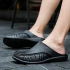 Тапки мужские домашние из натуральной кожи, однотонные черные Нескользящие, повседневная обувь, большие размеры