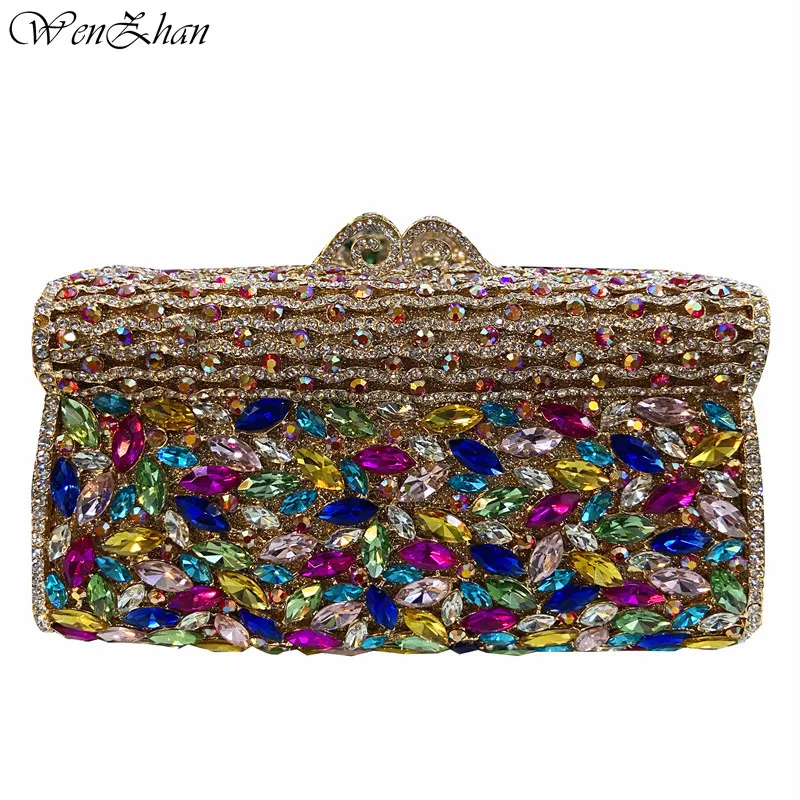 Wedding Formal Dinner Women Gold Crystal Evening Clutch Bags Metal Clutches Handbags Hollow Flower Bridal Purse A9-1