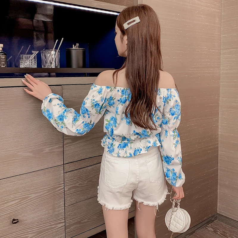 

2021 summer new style sexy floral chiffon shirt short, strapless, multi-wear sunscreen top women