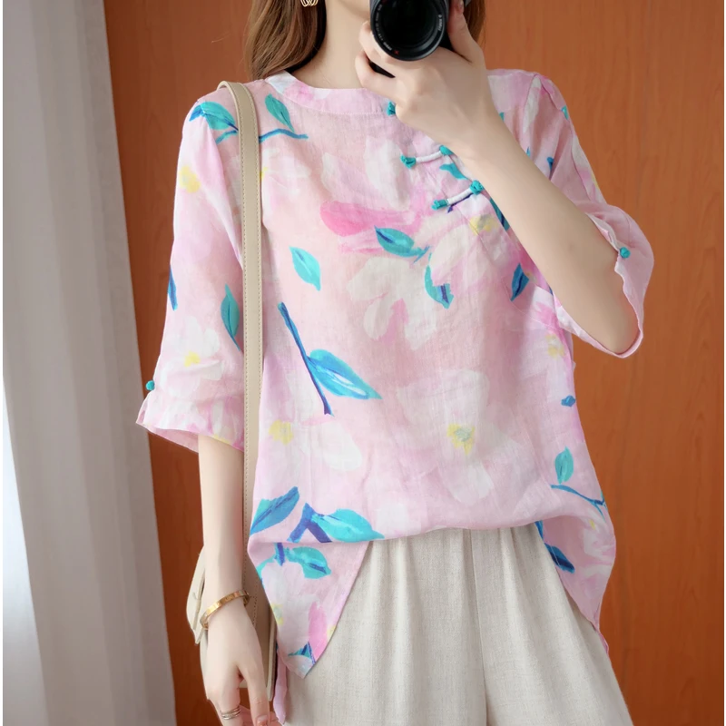 

2021 cotton linen shirt women traditional chinese national clothing loose tops daily casual blouse lady female chiffon blouse