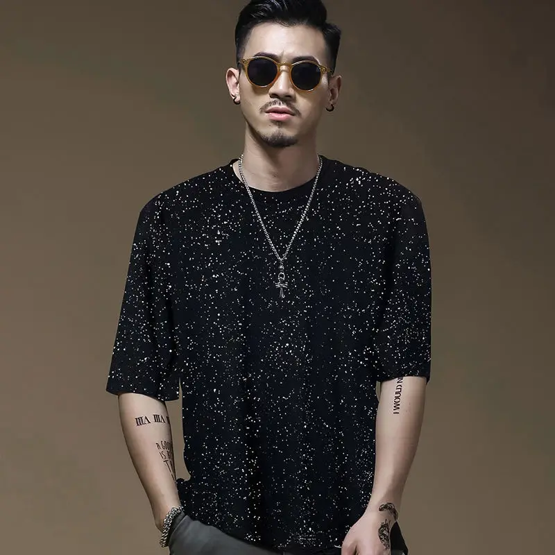 

Summer starry sky pure cotton trend short-sleeved t-shirt men's gypsophila flash loose half-sleeved