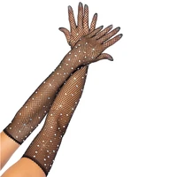 stretch rhinestones mesh long gloves flash diamond see through mesh full finger gloves dancer singer nightclub stage accessories