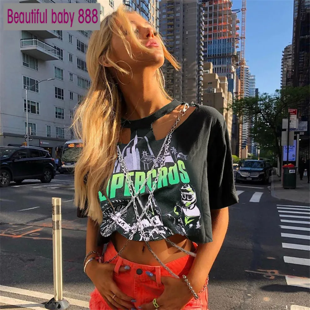 

Meqeiss elastic stretched summer new top Women fashion t-shirts hip hop print Metal chain loose o-neck short sleeve crop tops