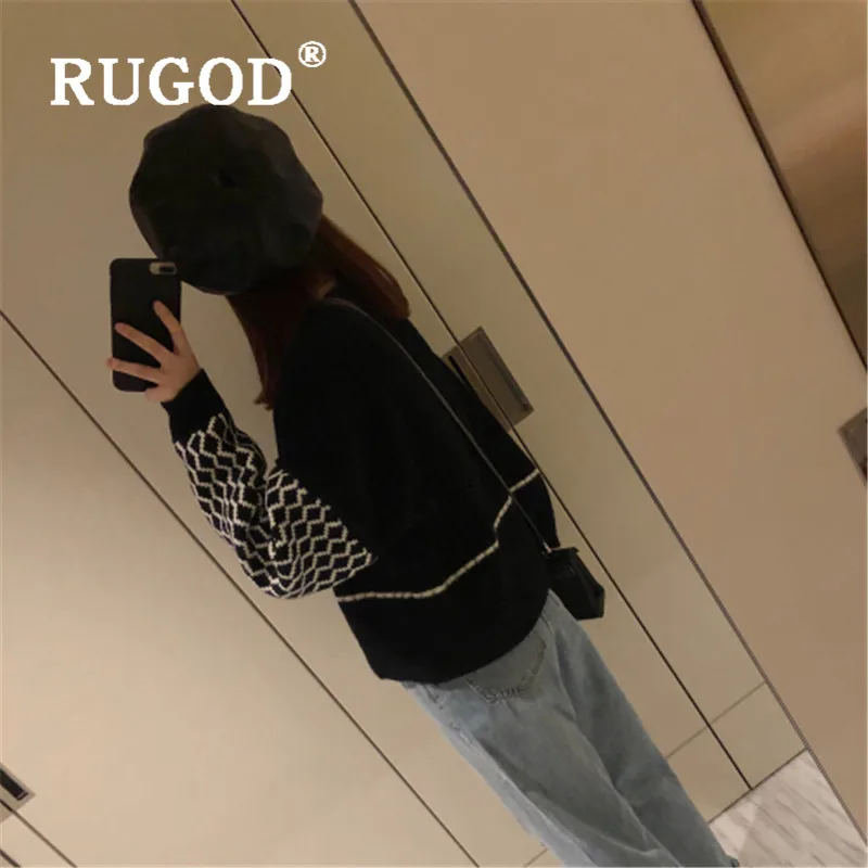RUGOD Contrast Color Stitching Knitted Cardigan V-neck Sweater Winter Tops For Women Elegant Korean Style Knitwear Fashion 2019 |