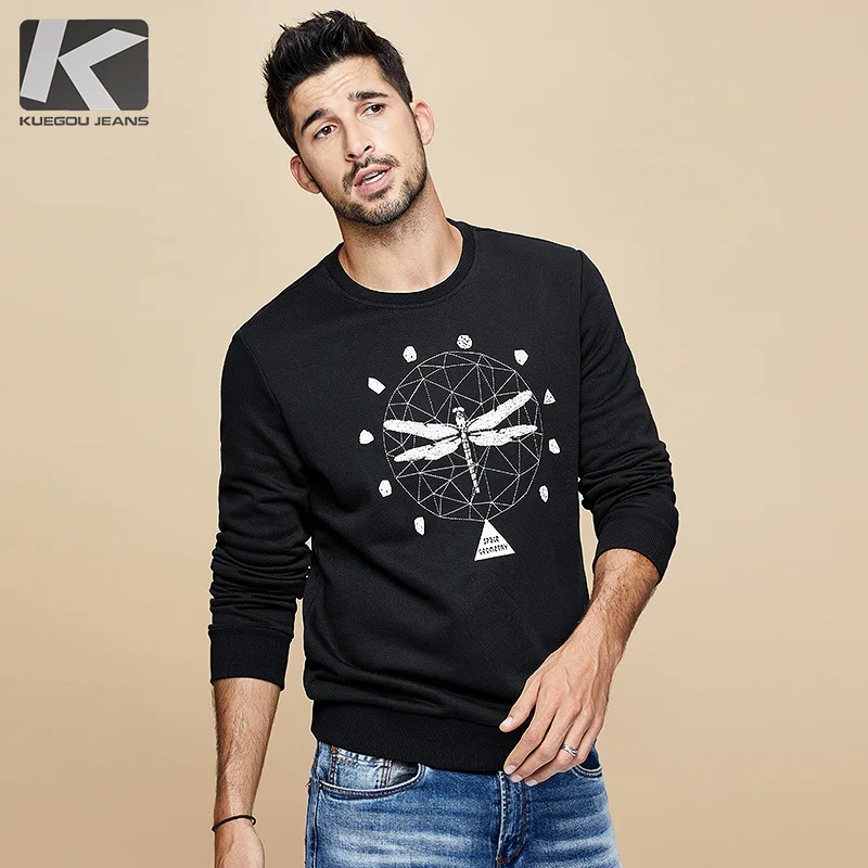 KUEGOU 2020 осенние хлопковые однотонные черные свитшоты с принтом Мужская модная