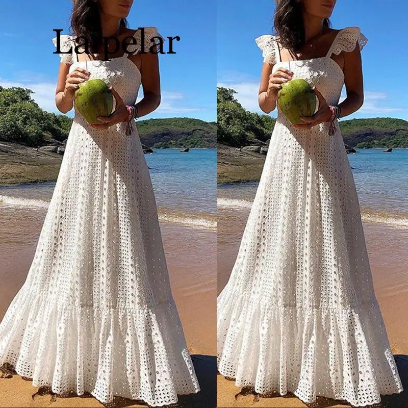 Женское летнее платье макси в богемном стиле элегантное кружевное белое бохо