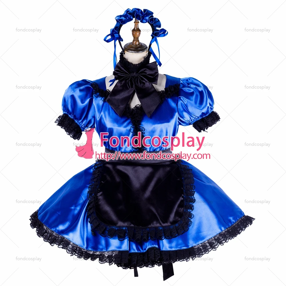 

fondcosplay adult sexy cross dressing sissy maid short lockable blue Satin dress Uniform black apron costume Tailor-made[G1999]