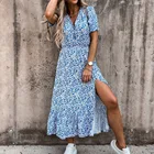 Платье женское длинное на пуговицах, вечерние кантное вечернее элегантное ТРАПЕЦИЕВИДНОЕ с цветочным принтом, на пуговицах, с V-образным вырезом, с коротким рукавом и разрезом, Повседневная мода, на лето