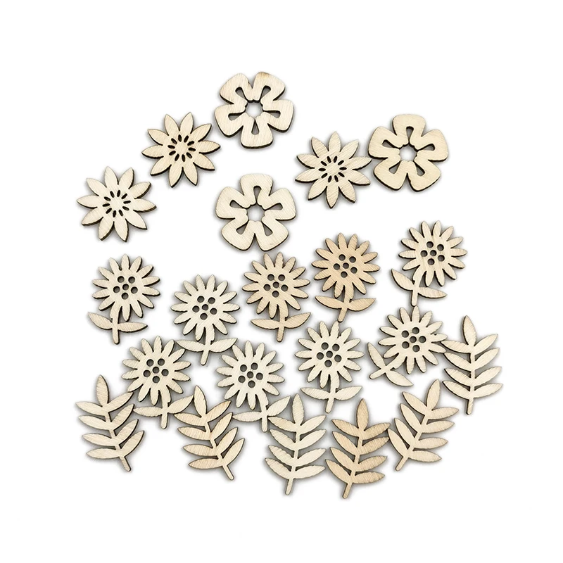 

50 шт., деревянные диски в форме цветов, бабочек, листьев