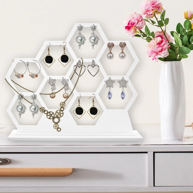 

Natural Wood White Honeycomb Jewelry Earrings Necklace Storage Rack Holder Jewelry Display Stand Earring Storage Rack