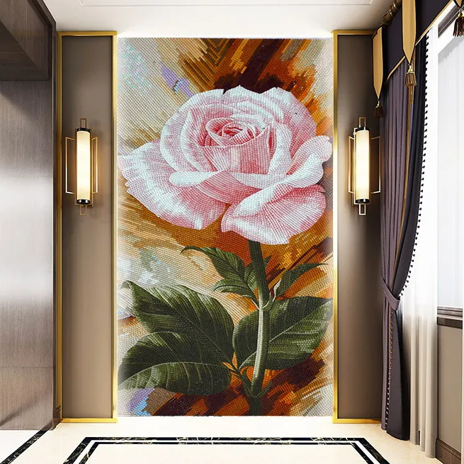 

Pink rose hand cut flower Crystal glass mosaic pattern for home decoration