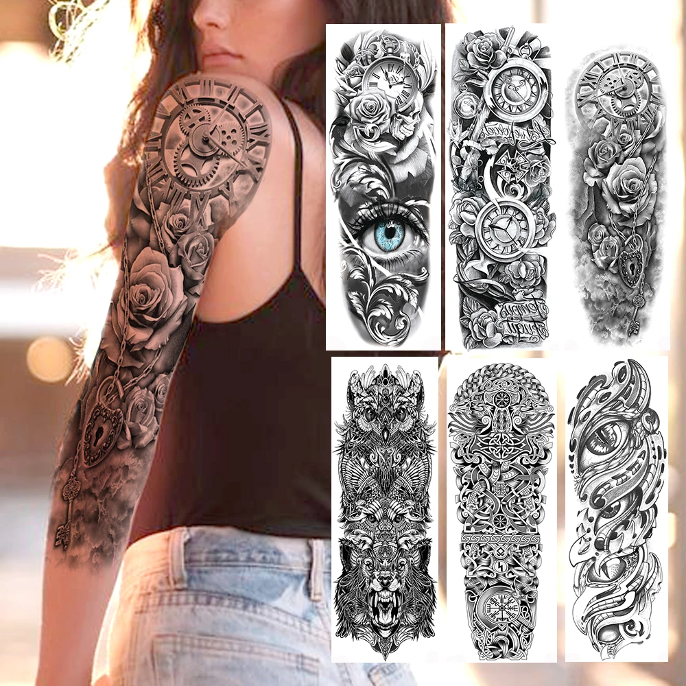 

Realistic Full Rose Flower Arm Temporary Tattoos For Men Women Body Art Fake Tattoo Sticker 3D Evil Eye With Clock Tatoos Beasts