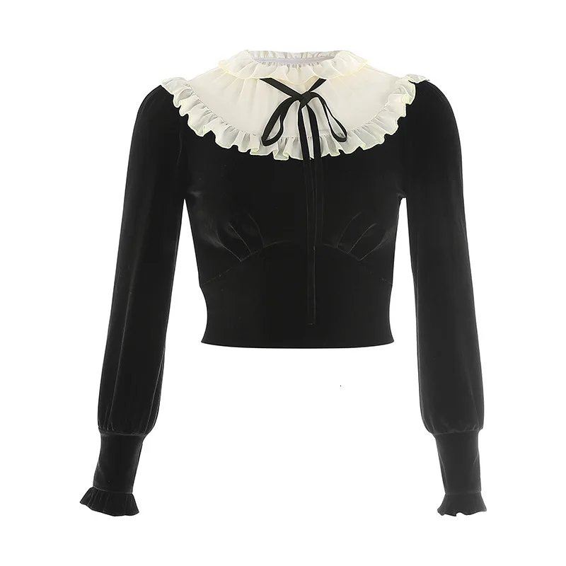 Женская Вельветовая рубашка с кружевным воротником короткая блузка со шнуровкой