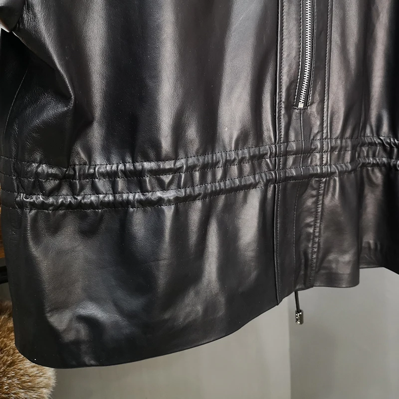 

Black Genuine Luxury Leather Jacket Women Streetwear Spring Autumn Loose Zipper Pocket Sheepskin Coats Fashion Motorcycle Jacket