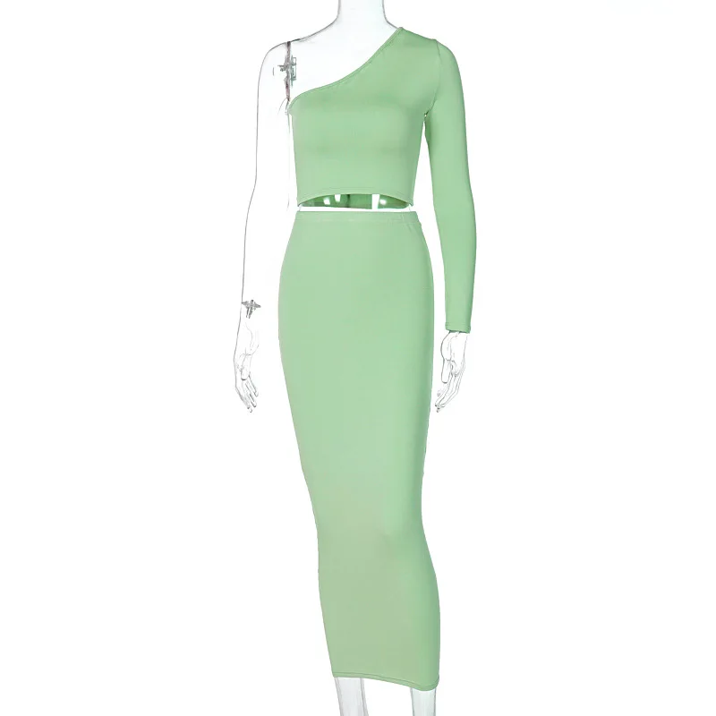 

2021 Fall Fashion Women's 2-Piece One-Shoulder Long-Sleeved Top Feminine Club Trend Tight Suit Street Dress Elegant Party Dress