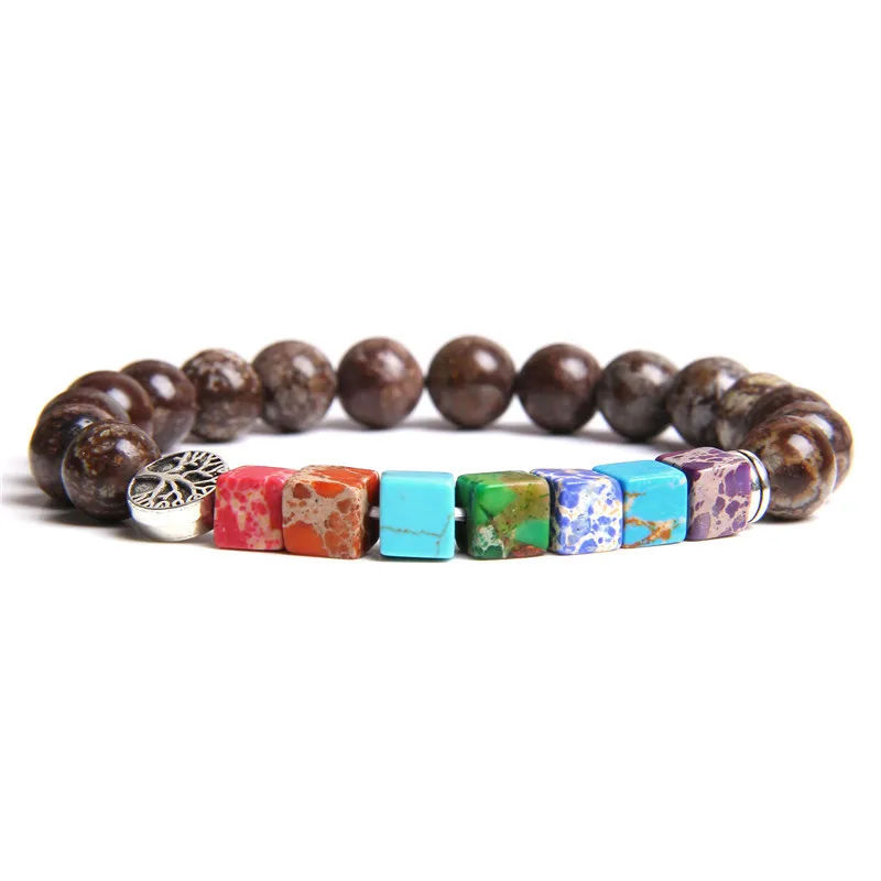 

Black Beaded Bracelet Square Colorful Stone Bead Bracelet Volcanic Natural Stone Seven Chakra Energy Bracelets Men Jewelry