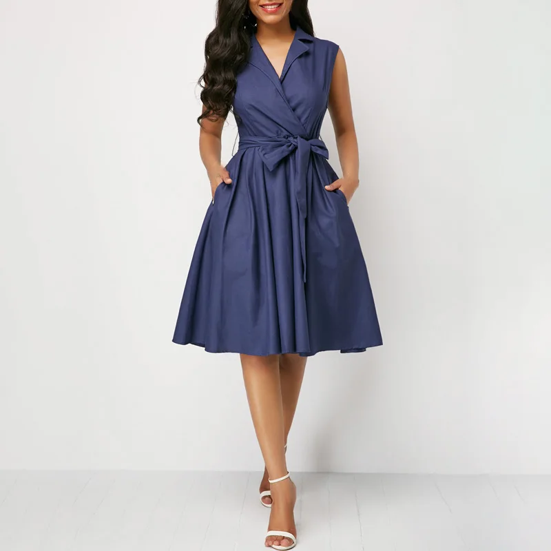 

Summer Dress For Work Loose Casual Lapel Sleeveless Sashes Big Pendulum A-line Commute Dress Knee Length