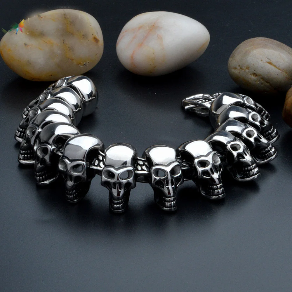 

High Quality Stainless Steel Skeleton Skull Head Chain Biker Jewelry Bracelet Wristband For Men's Jewelry Christmas Gift